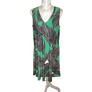 9 West Tank Dress Size 10 Green Black Tropical CASUAL Fossil leaves Shimmering